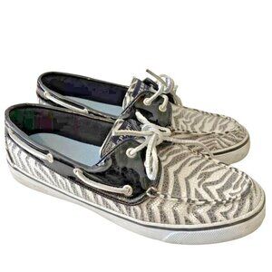 Sperry Womens Boat‎ Shoe Size 10 Canvas Zebra Print Black White Sequins Casual